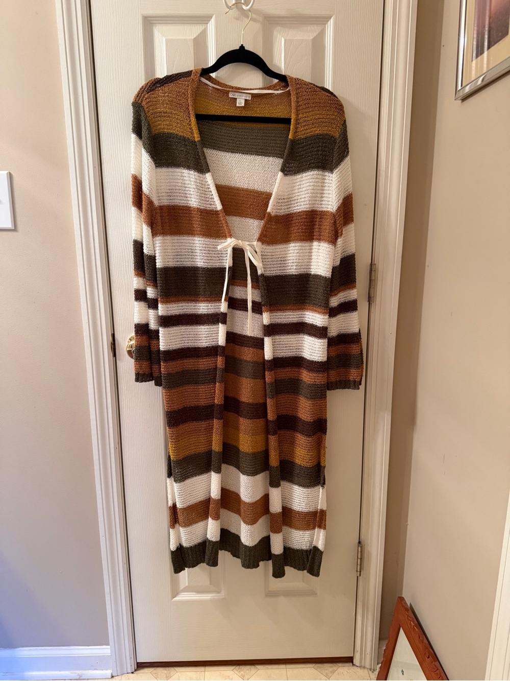 Long Striped Open-Front Cardigan Sweater